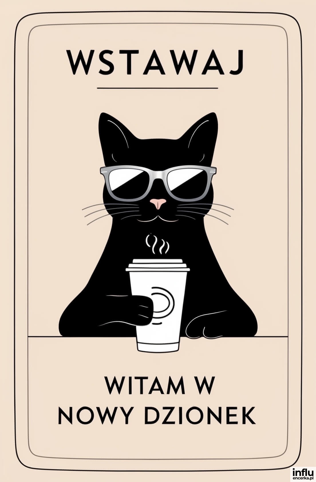 Kartka, czarny kot z kawą na nowy dzień