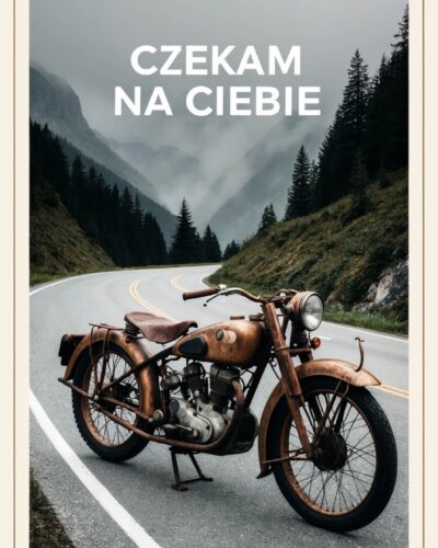 Stary, zardzewiały motocykl stoi na górskiej drodze wśród mgły i świerków, nad nim napis „CZEKAM NA CIEBIE”
