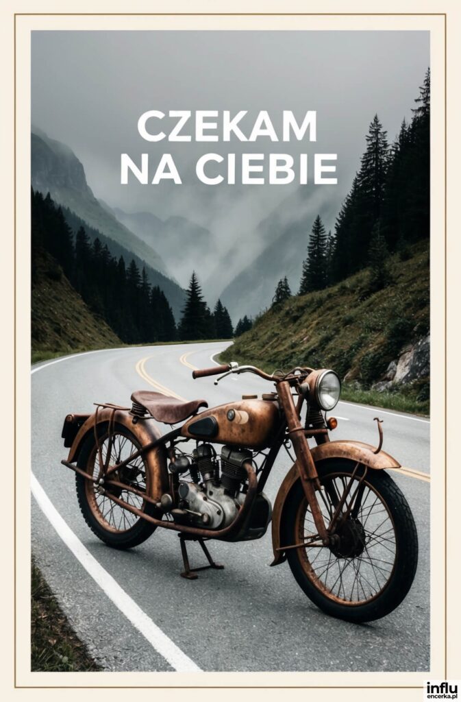 Stary, zardzewiały motocykl stoi na górskiej drodze wśród mgły i świerków, nad nim napis „CZEKAM NA CIEBIE”