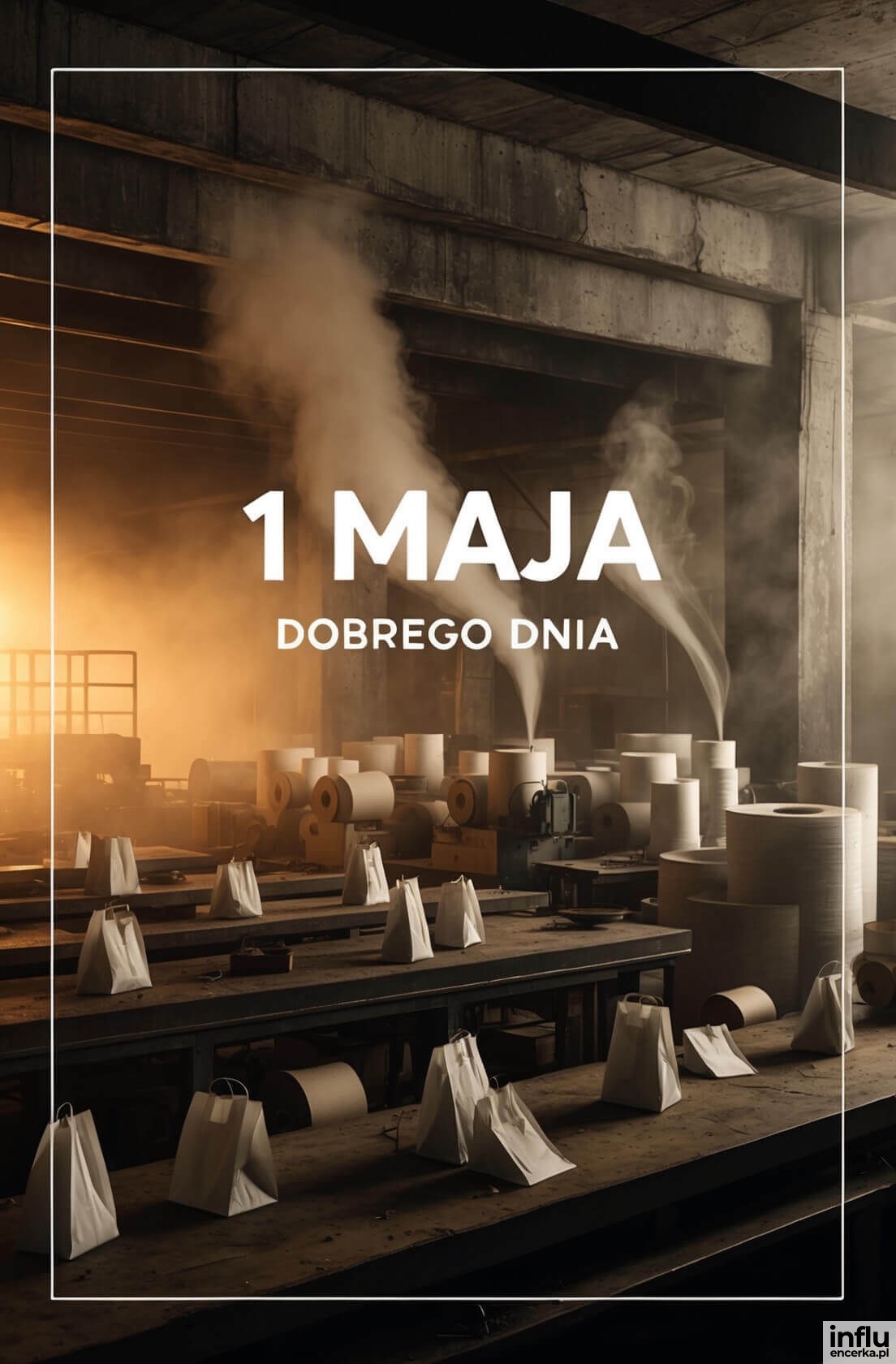 Kartka, fabryka, napis: 1 maja - dobrego dnia