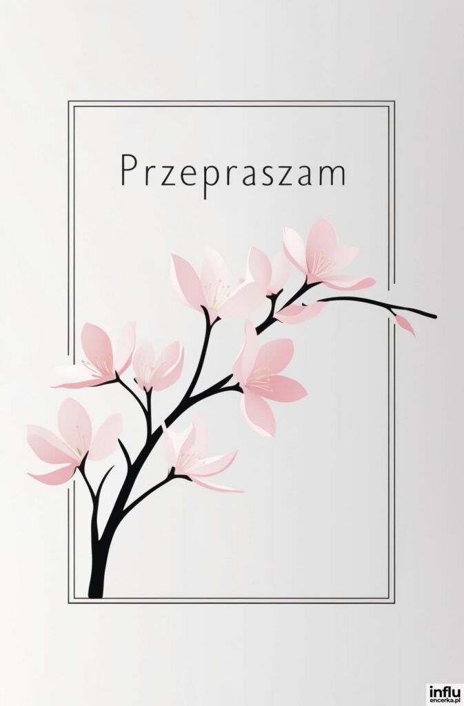 Gałązka kwitnącej wiśni z różowymi kwiatami na jasnym tle, w prostokątnej ramce z napisem „Przepraszam”