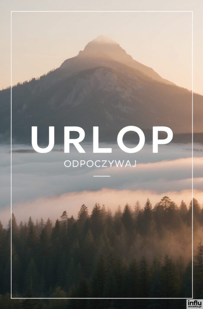 Górski szczyt wynurzający się ponad morze mgły nad lasem iglastym, z białymi napisami „URLOP”