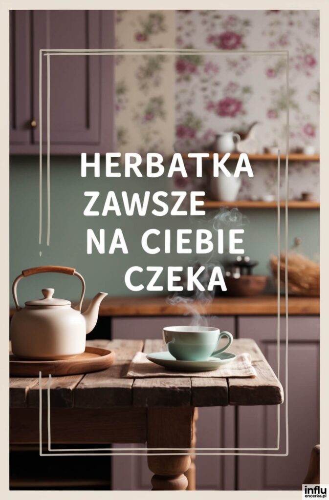 Przytulna kuchnia w stylu vintage z czajnikiem i parującą filiżanką herbaty na drewnianym stole, tapeta w kwiaty w tle, napis „Herbatka zawsze na Ciebie czeka”