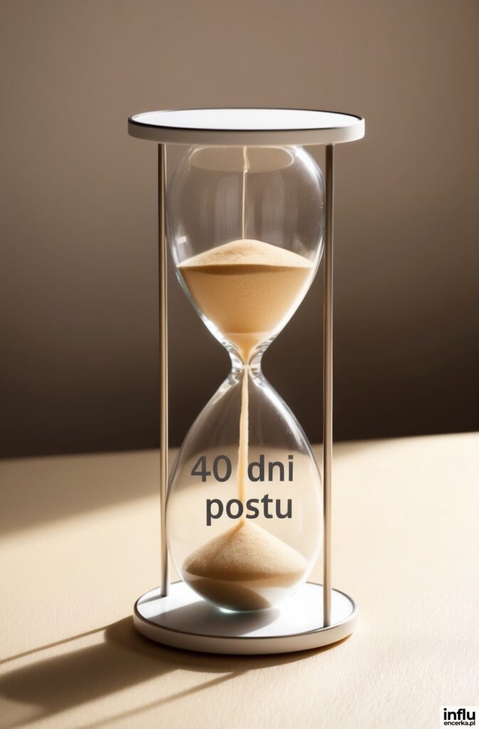 Klepsydra z sypkim piaskiem na jasnym tle z napisem „40 dni postu”