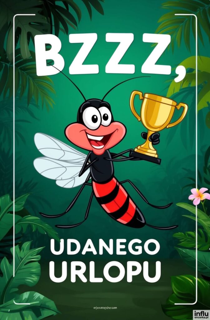 Uśmiechnięty komiksowy komar trzymający złoty puchar na zielonym tropikalnym tle z napisami „BZZZ,”