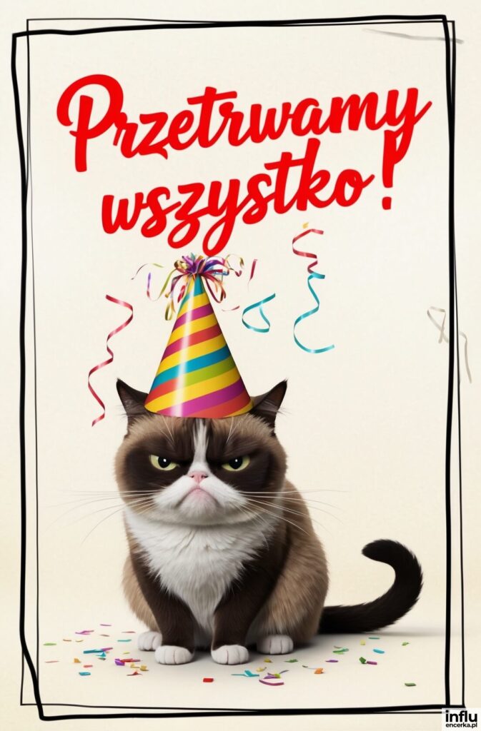 Zrzędliwy kot w kolorowej czapeczce urodzinowej siedzi wśród konfetti, nad nim czerwony napis „Przetrwamy wszystko!”
