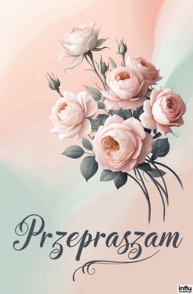 Bukiet pastelowych różowych róż z szarozielonymi liśćmi na rozmytym tle w odcieniach różu i mięty, z odręcznym napisem „Przepraszam”