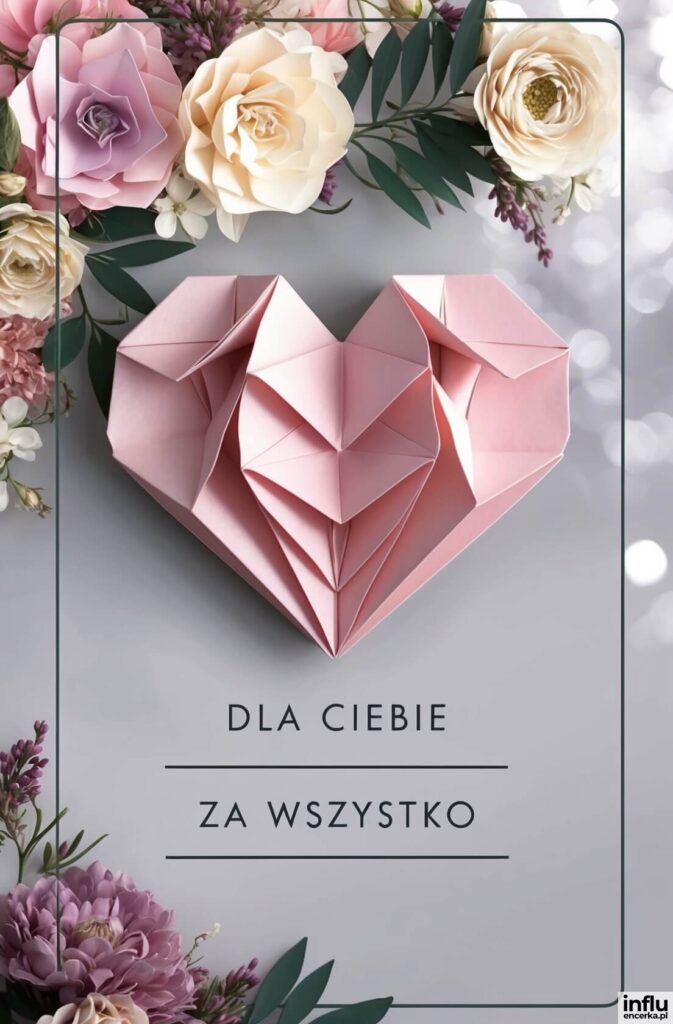 Różowe serce z papieru w stylu origami na szarym tle, otoczone pastelowymi różami i piwoniami, z napisem „DLA CIEBIE ZA WSZYSTKO”