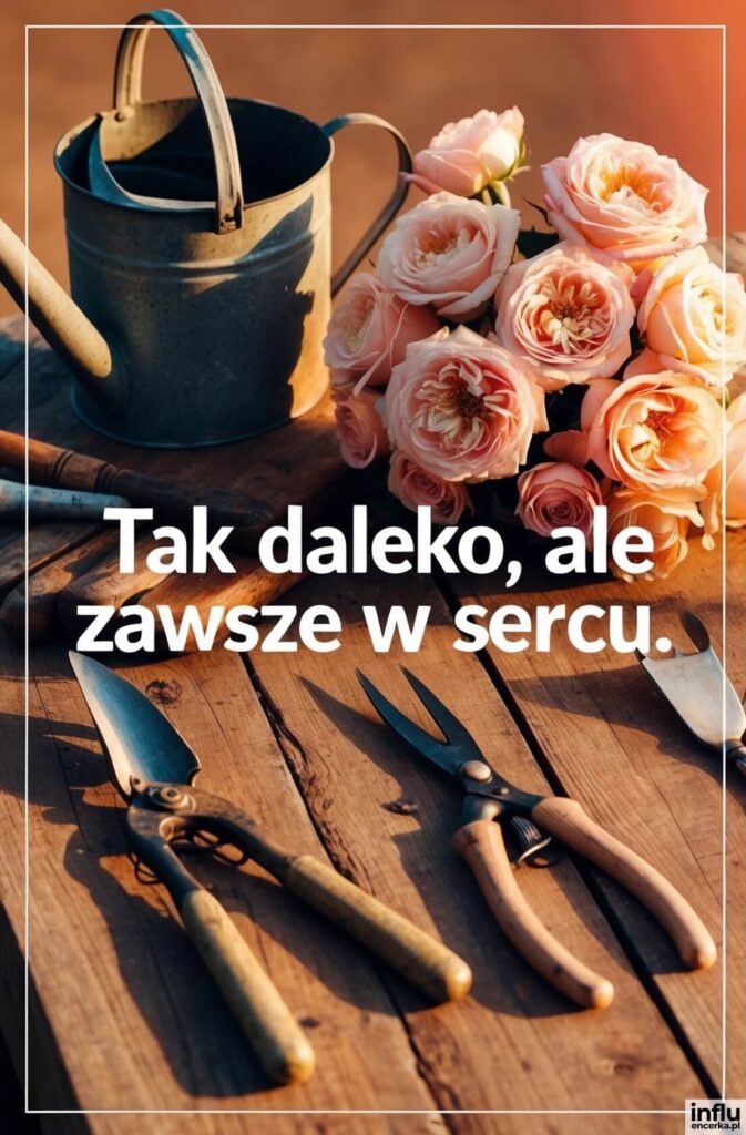 Bukiet różowych róż, metalowa konewka i nożyce ogrodowe na drewnianym stole z napisem „Tak daleko, ale zawsze w sercu.”