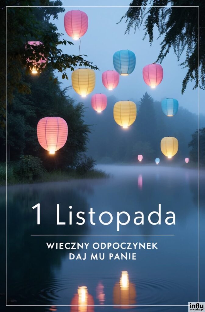 Kolorowe lampiony papierowe unoszące się nad mglistą rzeką w wieczornym pejzażu, z napisem „1 Listopada”