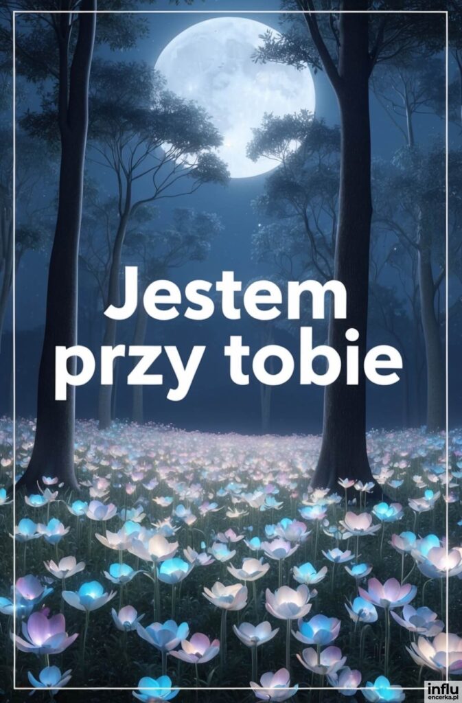 Nocny las w pełni księżyca z łąką świecących niebiesko-fioletowych kwiatów i napisem „Jestem przy tobie”