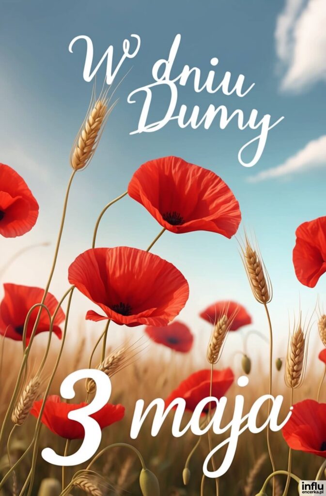 Czerwone maki i kłosy zboża na tle błękitnego nieba z napisami „W dniu Dumy”