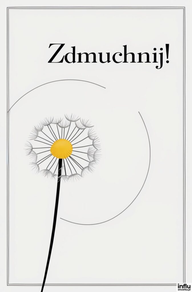 Minimalistyczna kartka z ilustracją dmuchawca na jasnym tle i napisem „Zdmuchnij!”