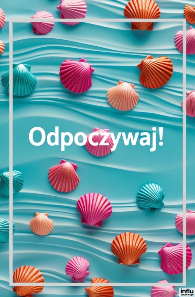 Kolorowe muszelki w odcieniach różu, pomarańczu i turkusu rozsypane na falującej, błękitnej powierzchni z napisem „Odpoczywaj!”