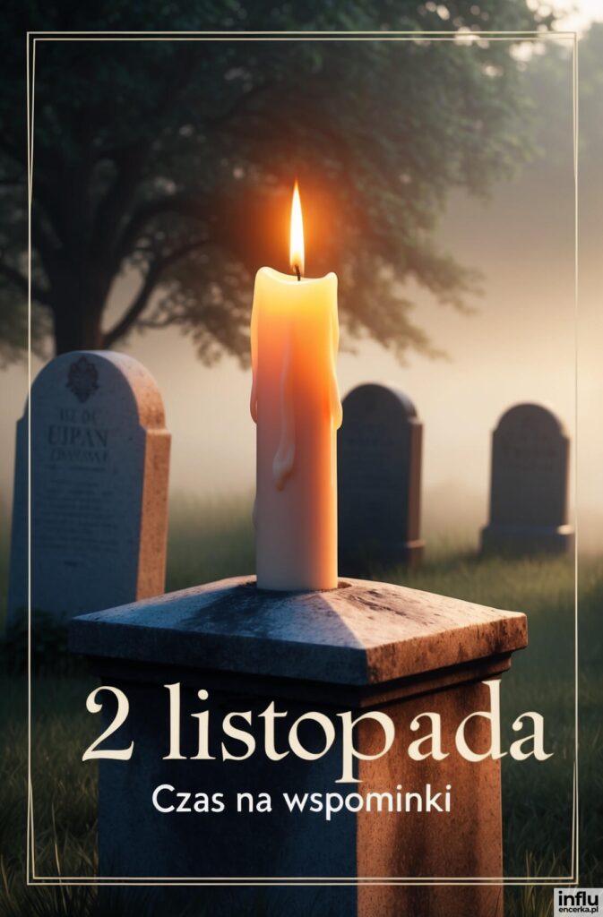 Płonąca świeca na kamiennym postumencie wśród nagrobków o mglistym świcie, z napisem „2 listopada”