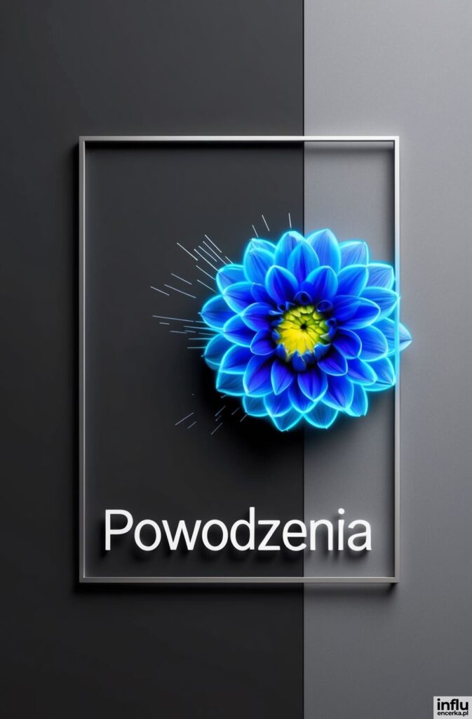 Niebieska dalia z żółtym środkiem w srebrnej ramce na ciemnoszarym tle z napisem „Powodzenia”