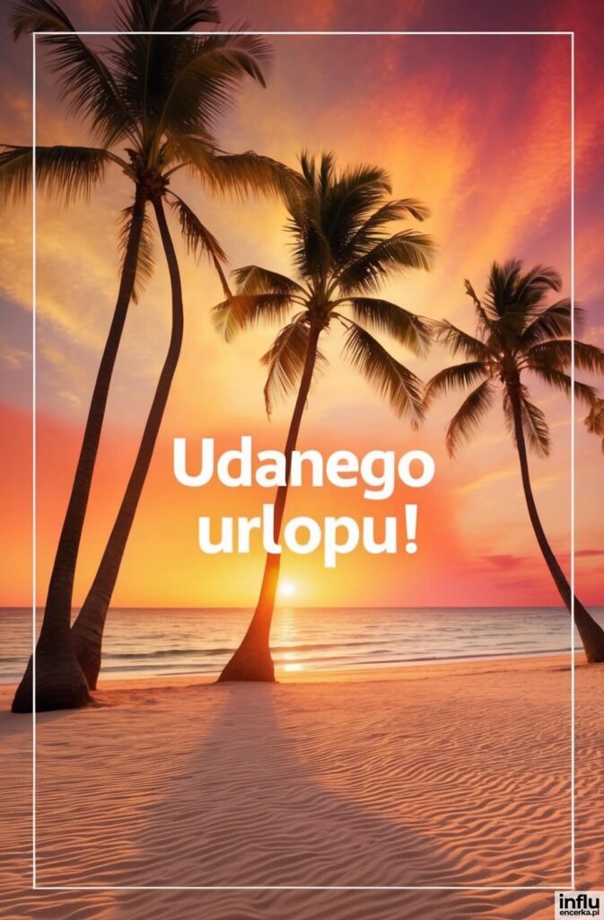 Plaża z palmami o zachodzie słońca na tle różowo-złotego nieba i napis „Udanego urlopu!”
