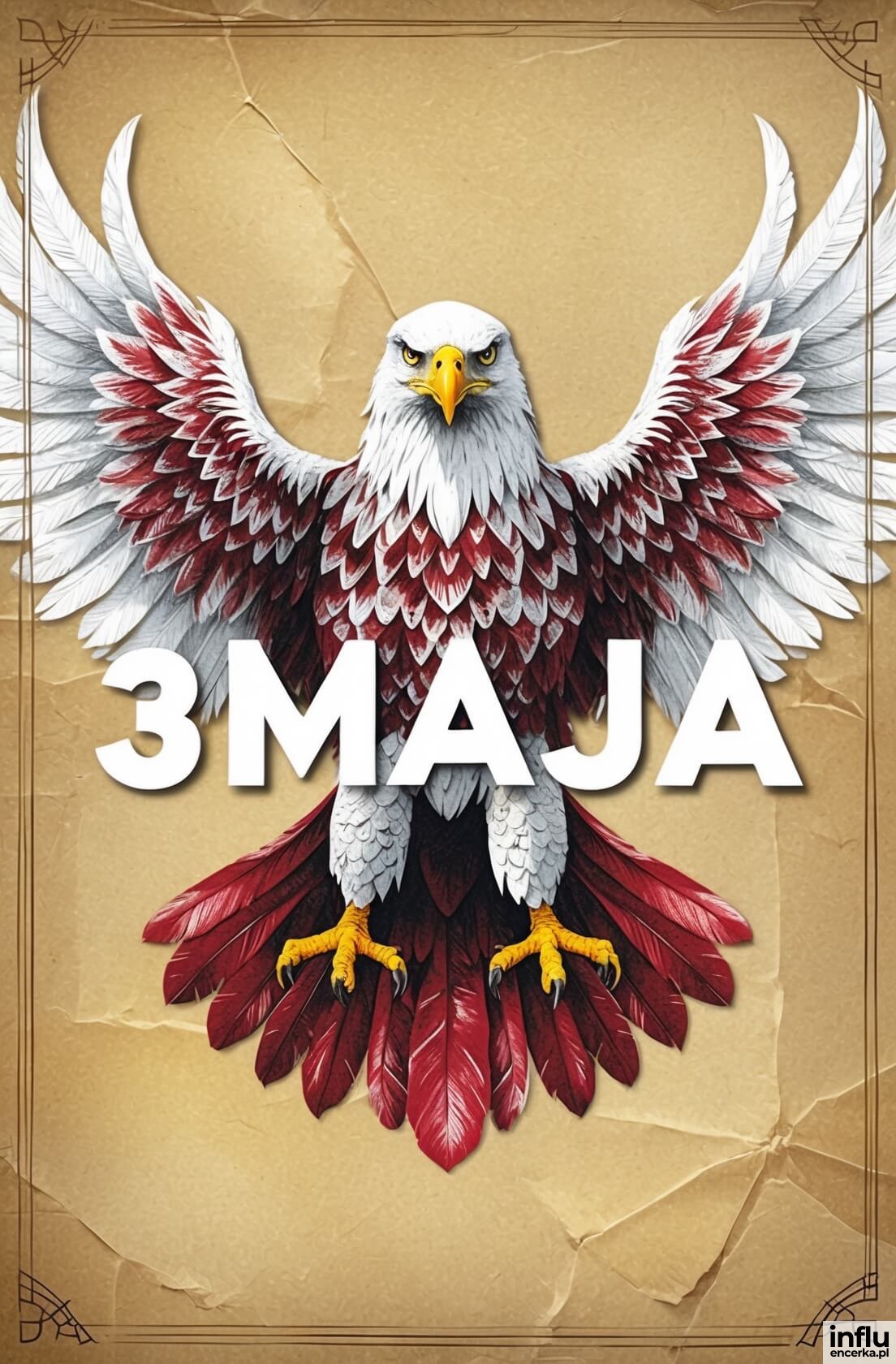 Kartka, orzeł na papierze vintage, 3 maja