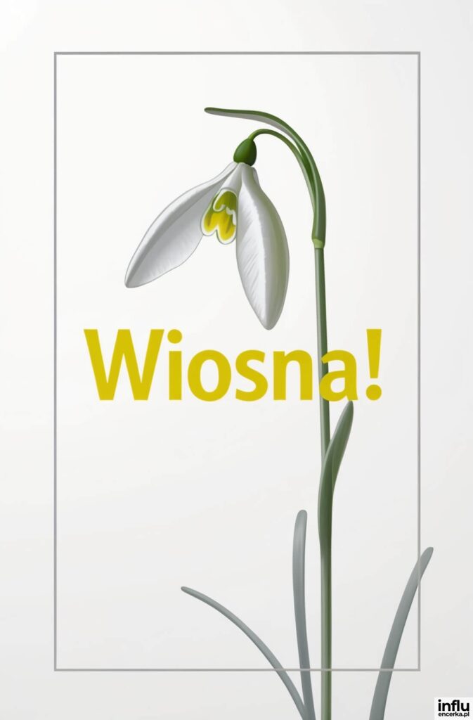 Ilustracja przebiśniegu na jasnym tle z żółtym napisem „Wiosna!”