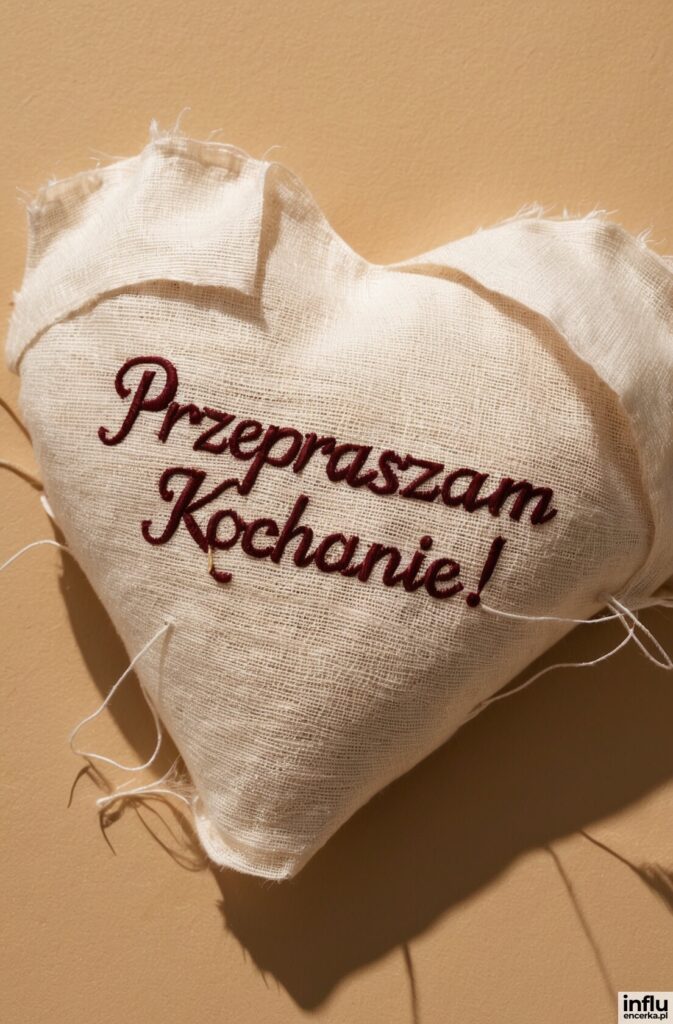 Lniana poduszeczka w kształcie serca z haftowanym napisem „Przepraszam Kochanie!”