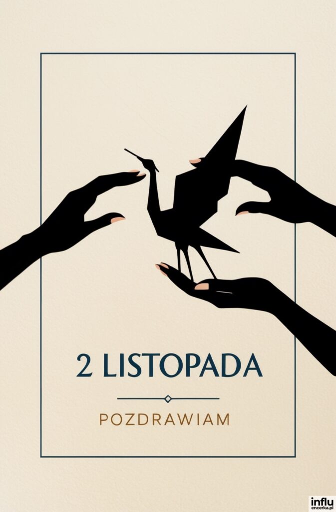 Dwie czarne sylwetki dłoni trzymające figurkę origami ptaka na beżowym tle, z napisem „2 LISTOPADA”