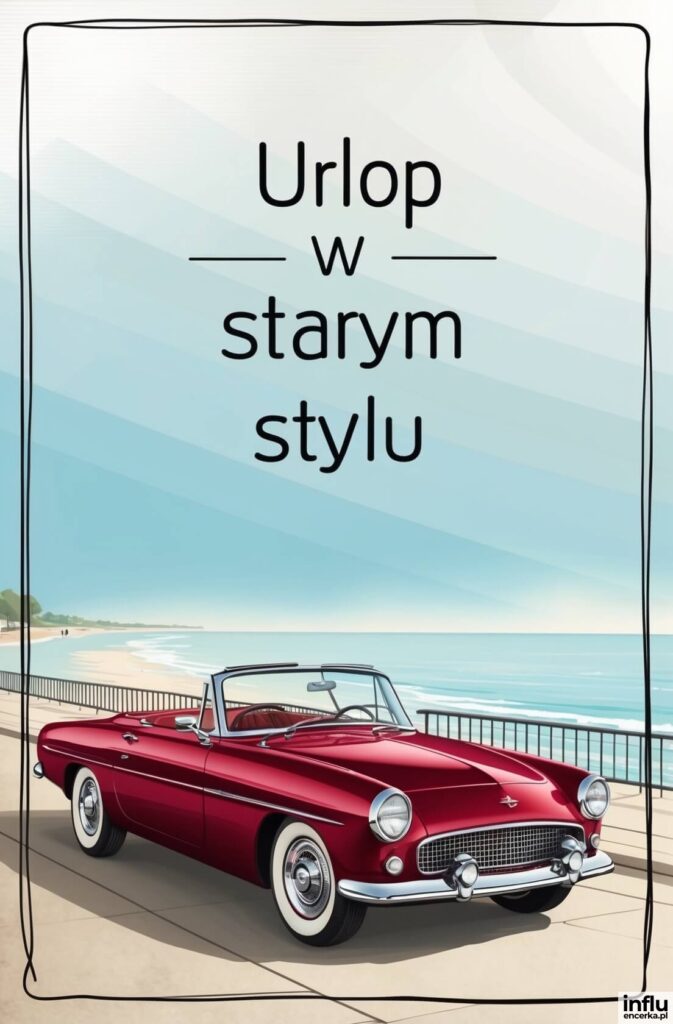 Czerwony kabriolet retro zaparkowany przy nadmorskiej promenadzie z napisem „Urlop w starym stylu”