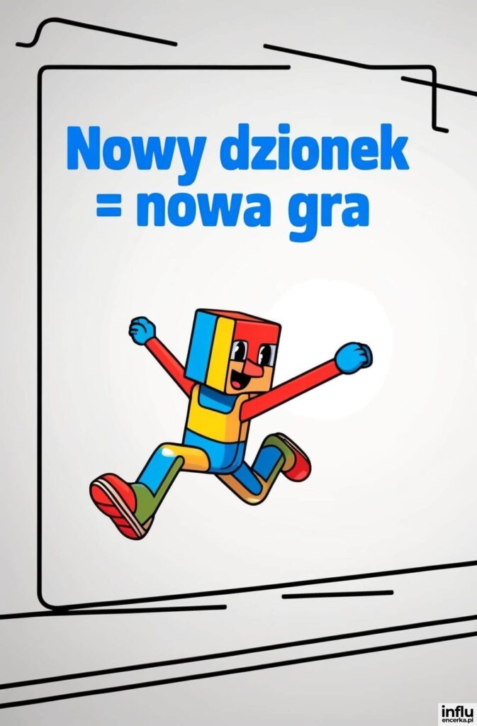 Kolorowa pixelowa postać w stylu Minecraft biegnąca radośnie na jasnym tle z napisem „Nowy dzionek = nowa gra”