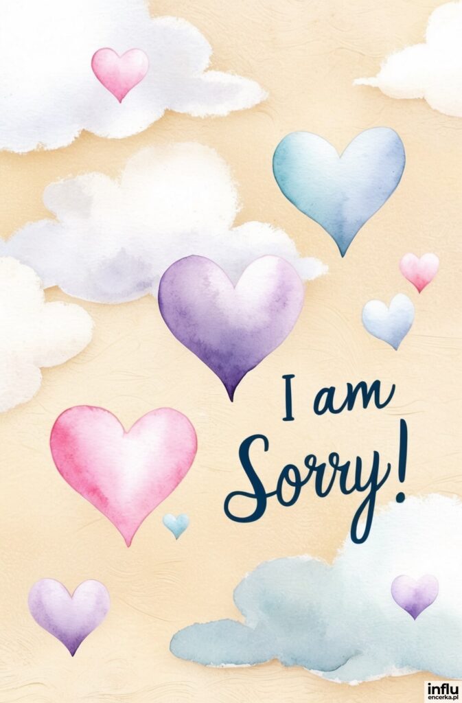 Akwarelowe serca w odcieniach różu, fioletu i błękitu unoszące się wśród puszystych chmur na kremowym tle, z napisem „I am Sorry!”