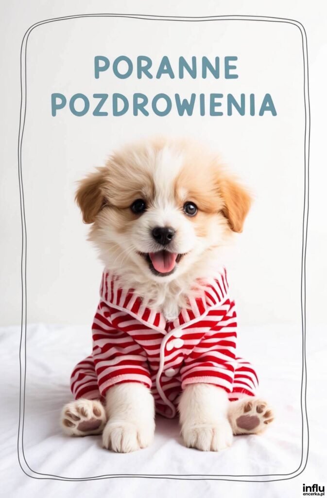 Uśmiechnięty szczeniak w czerwono-białej piżamie w paski siedzi na białej pościeli, nad nim napis „Poranne pozdrowienia”