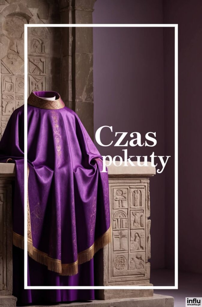 Fioletowy ornat kapłański przy kamiennym ołtarzu z rzeźbami oraz napis „Czas pokuty”
