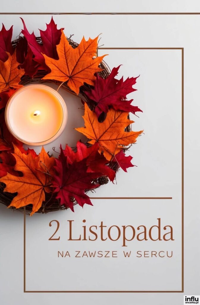 Wianek z jesiennych liści klonu w odcieniach pomarańczu i czerwieni z płonącą świecą pośrodku oraz napisy „2 Listopada”