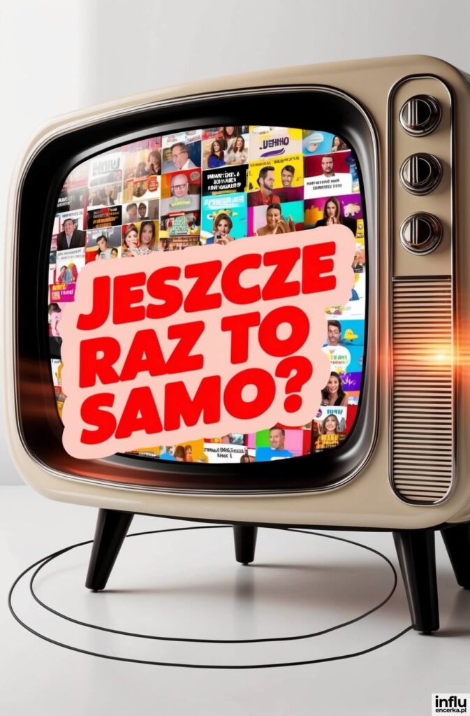 Retro telewizor z kolorowym ekranem pełnym twarzy i programów, z napisem „Jeszcze raz to samo?”