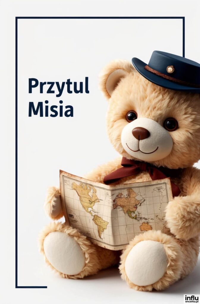 Pluszowy miś w granatowym kapeluszu trzyma mapę świata, obok napis „Przytul Misia”