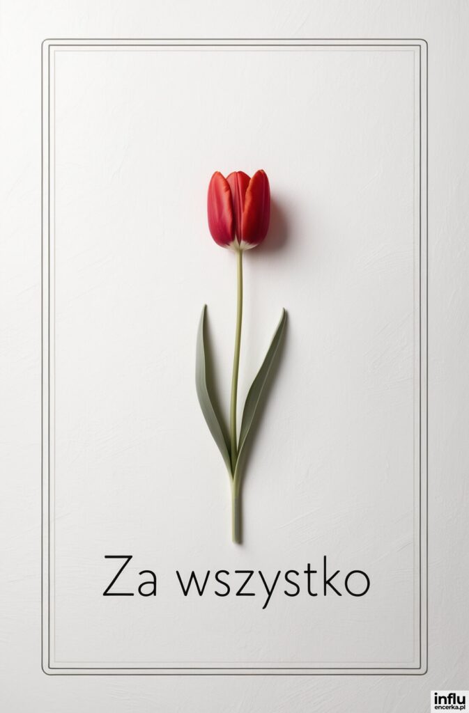 Pojedynczy czerwony tulipan na jasnym tle z napisem „Za wszystko”