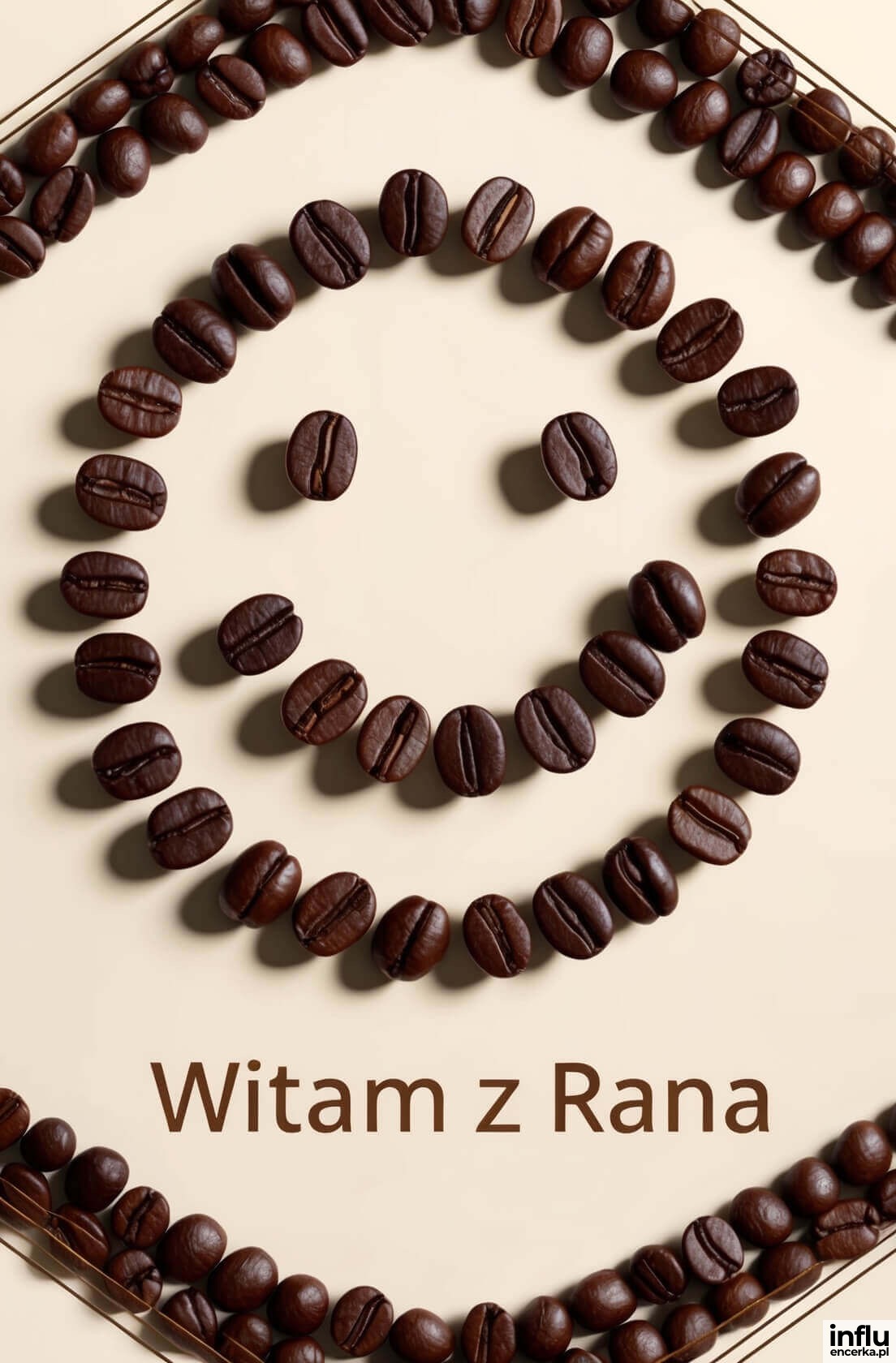 Kartka, uśmiech z ziaren kawy, napis: witam z rana