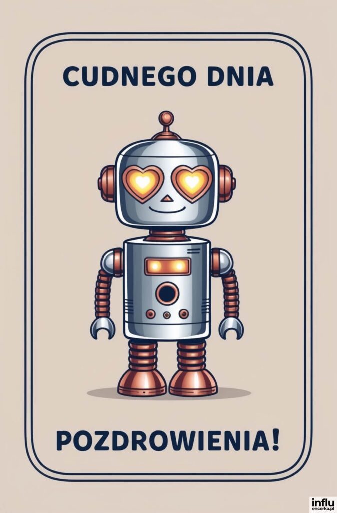 Srebrno-miedziany robot z sercowatymi oczami emitującymi ciepłe światło, nad nim napis „Cudnego dnia”
