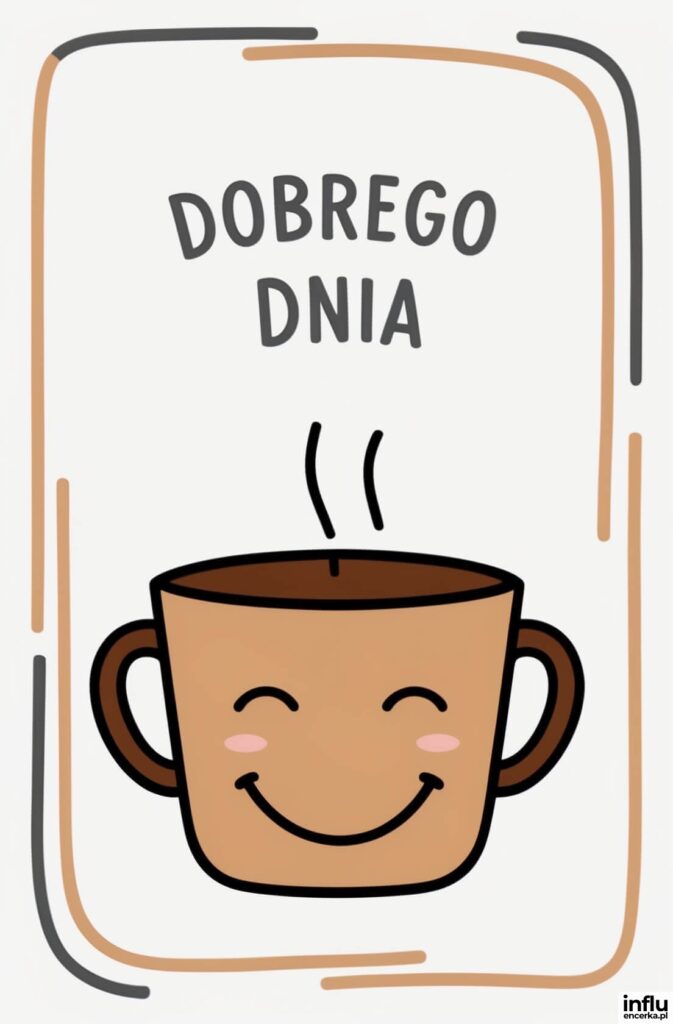 Uśmiechnięty kubek gorącej kawy z napisem „Dobrego dnia”
