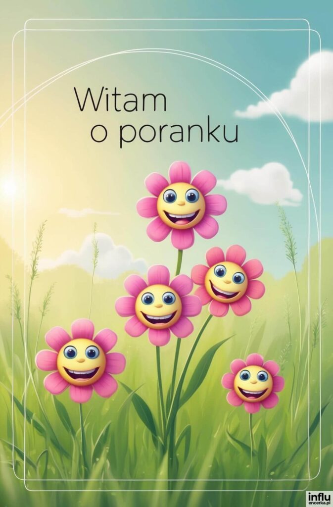 Pięć różowych kwiatów z uśmiechniętymi buźkami na tle słonecznej łąki i napisu „Witam o poranku”