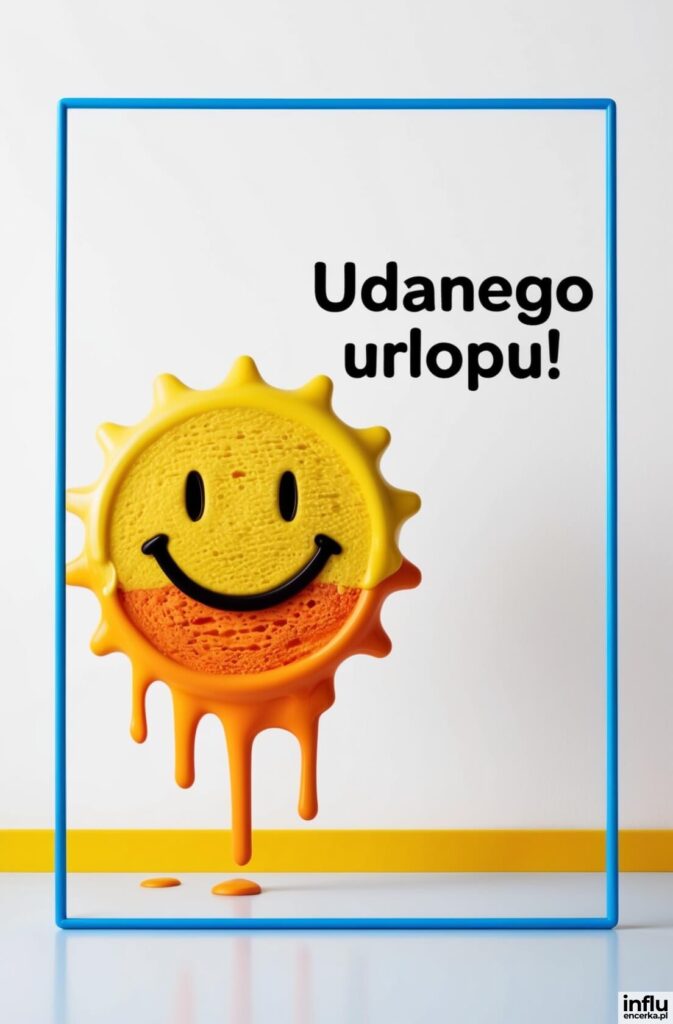 Uśmiechnięte słoneczko z teksturą gąbki, z którego kapie pomarańczowa farba, z napisem „Udanego urlopu!”