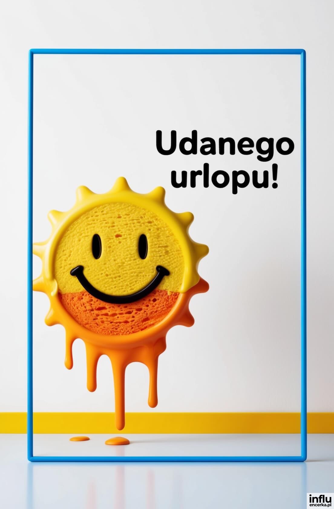 Kartka, uśmiechnięte słoneczko w formie topiącego się loda na udany urlop