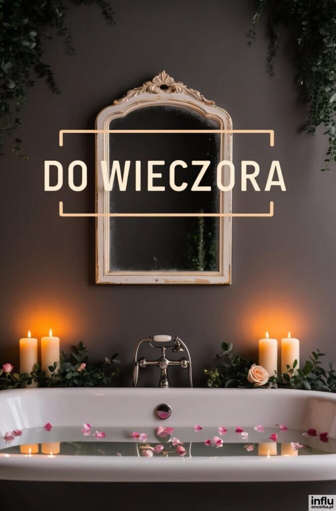 Elegancka łazienka z wanną wysypaną płatkami róż, płonącymi świecami i zielenią, nad którą wisi ozdobne lustro z napisem „Do wieczora”