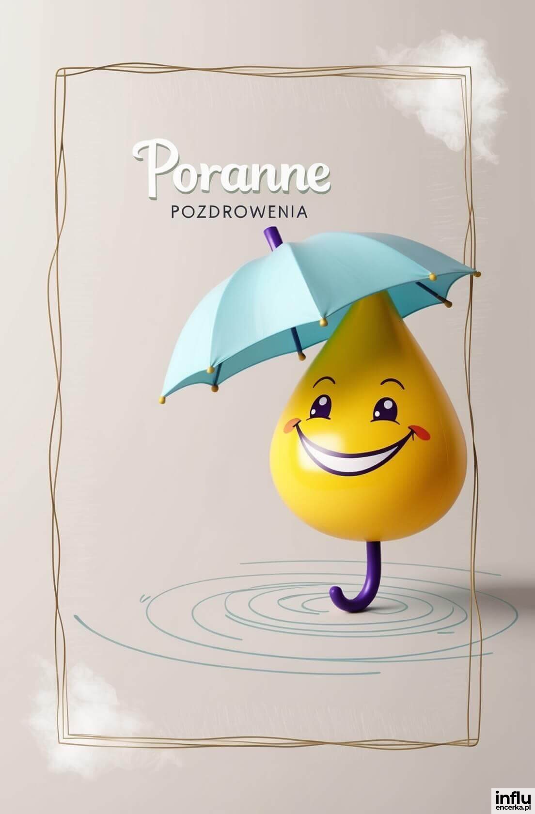 Kartka, wesoła kropla wody pod parasolem 