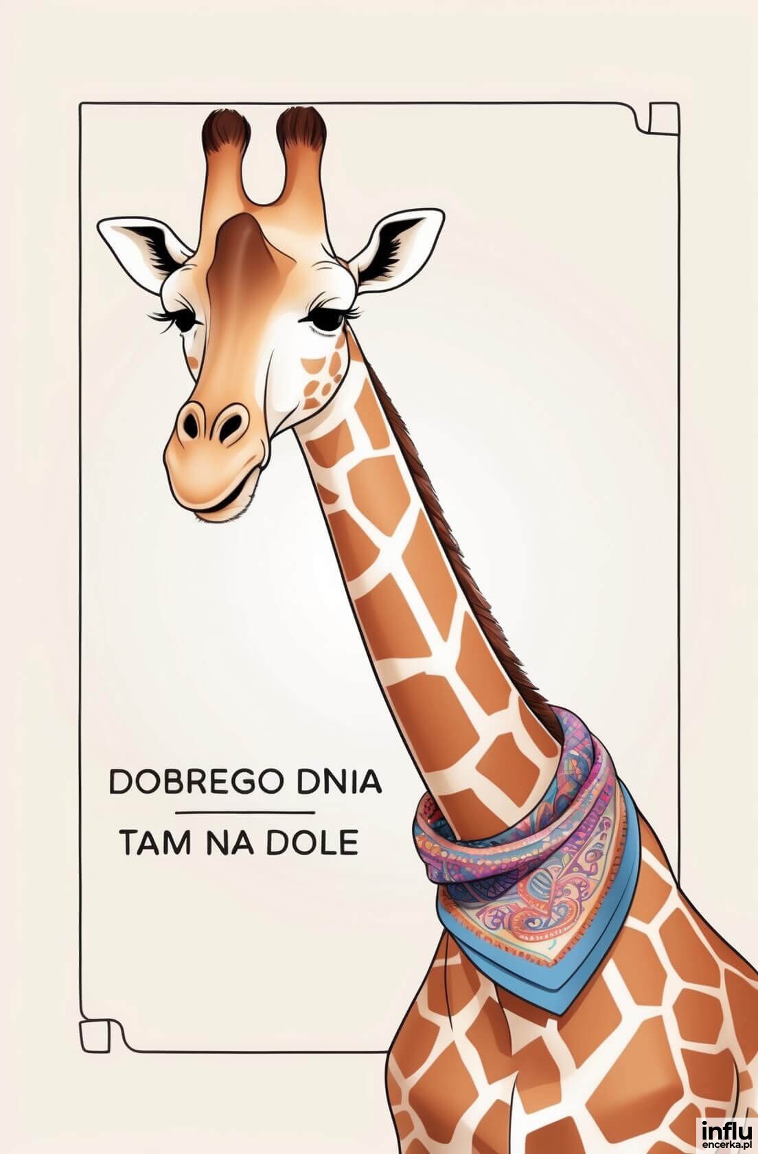 Kartka, żyrafa, podpis: dobrego dnia tam na dole