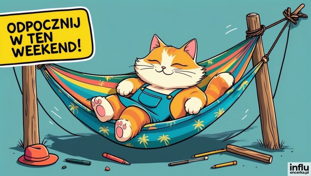Kot na hamaku, napis: odpocznij w ten weekend