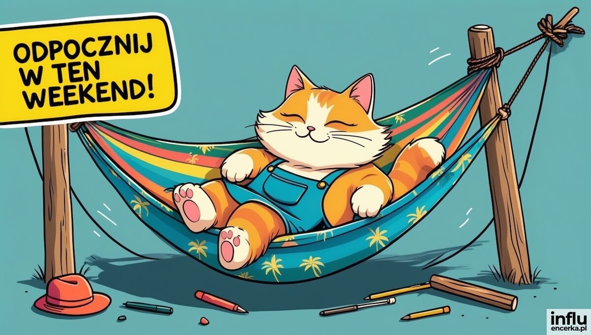 Kot na hamaku, napis: odpocznij w ten weekend