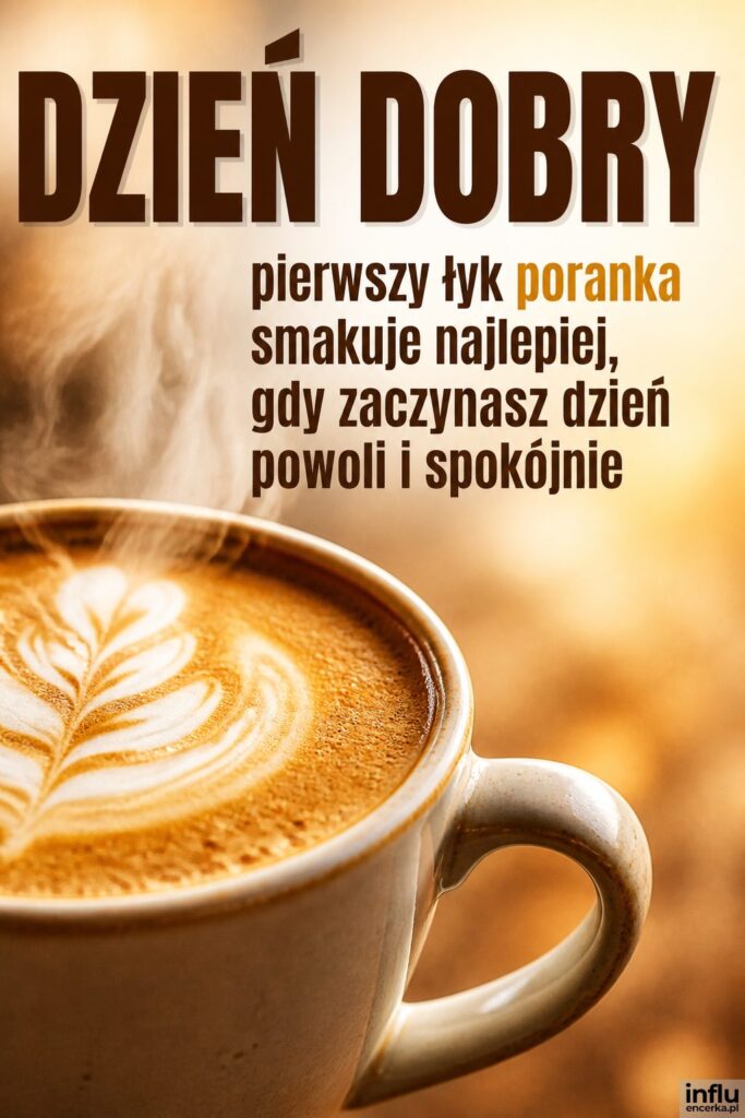 Makro parującego kubka kawy z pianką w ciepłym świetle, nagłówek „DZIEŃ DOBRY” po prawej stronie.