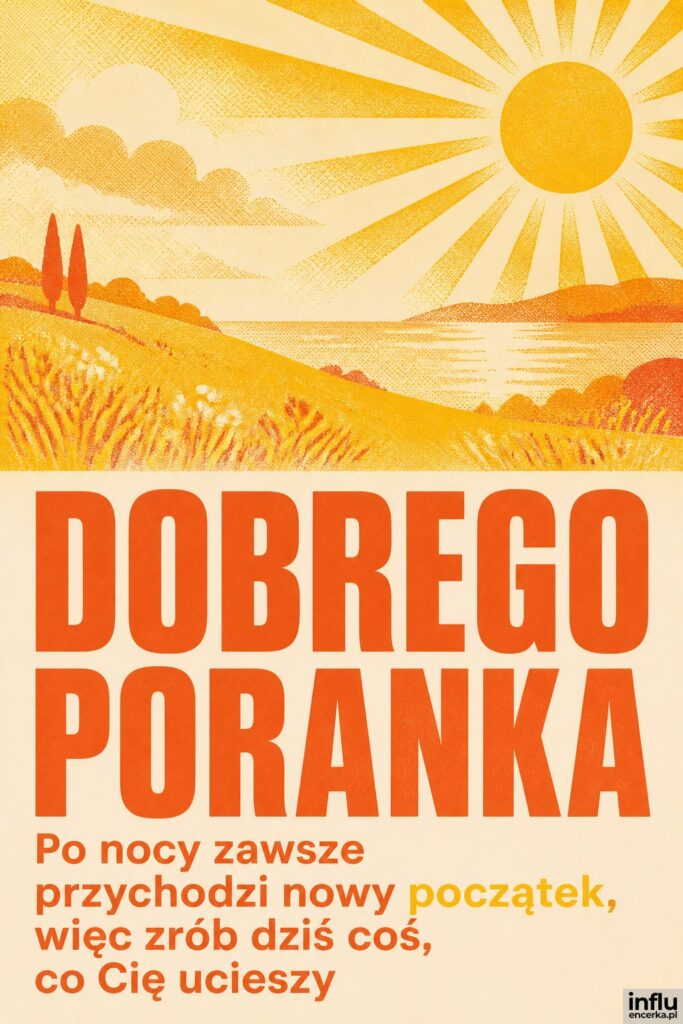 Sitodrukowe słońce z promieniami w rogu, poniżej nagłówek „DOBREGO PORANKA” na kremowym tle.