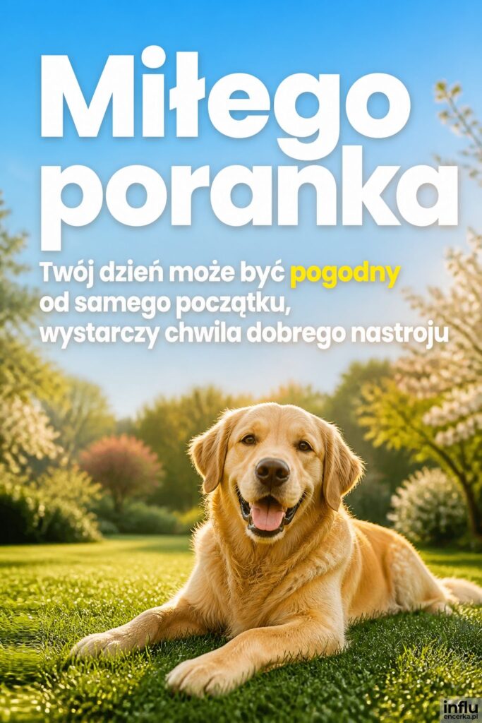 Radosny złoty retriever na słonecznej trawie, u góry nagłówek „Miłego poranka” na jasnym niebie.