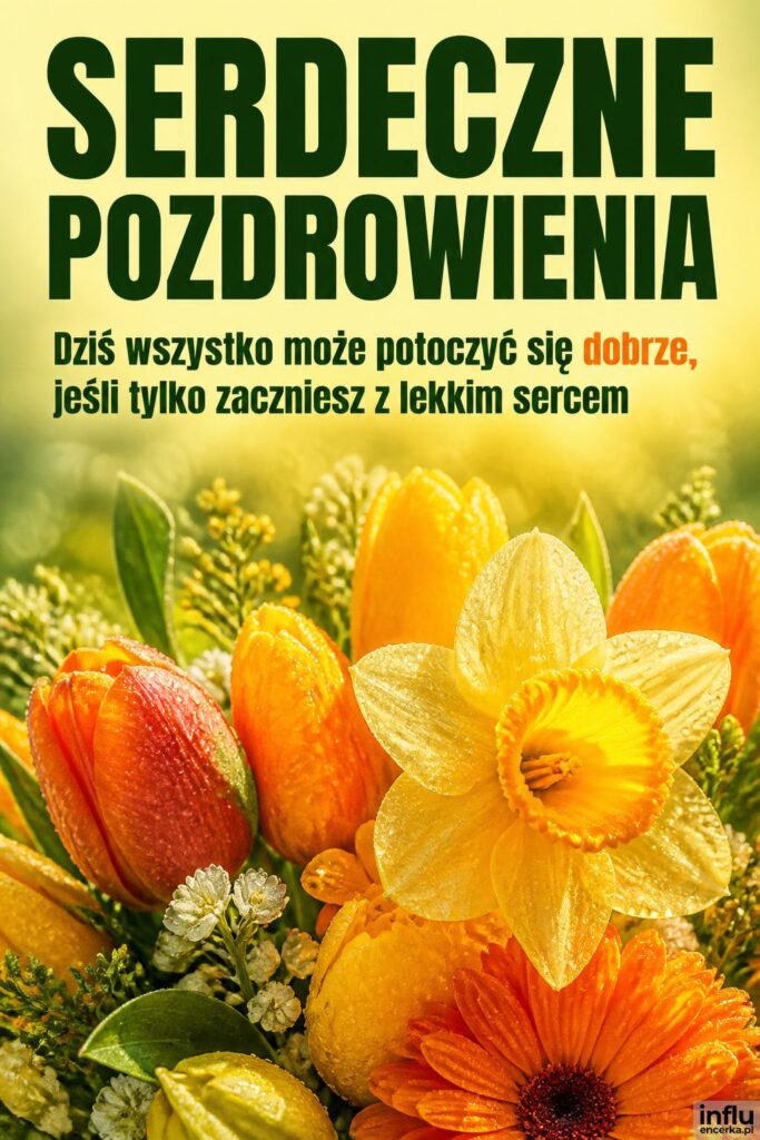 Makro żółtych kwiatów z rosą w porannym świetle, u góry nagłówek „SERDECZNE POZDROWIENIA”.
