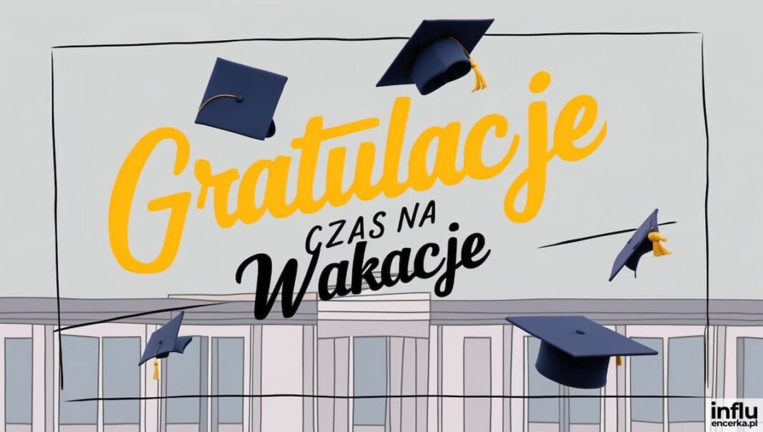 Kartka, birety na tle budynku szkoły, napis: Gratulacje, czas na wakacje